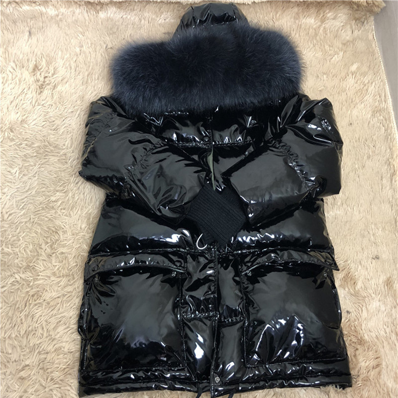 Big Fur Patent Leather Winter Jacket Women Thicken Long Down Parka Hooded Female Duck Down Waterproof Coat 201029