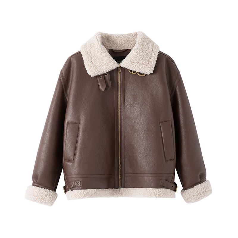 Women Faux Leather Fur Coats Sheep Leather Shearling Jackets Lady's Fashion Long Sleeve Zipped Outerwear Fall Winter Warm Coat 201029