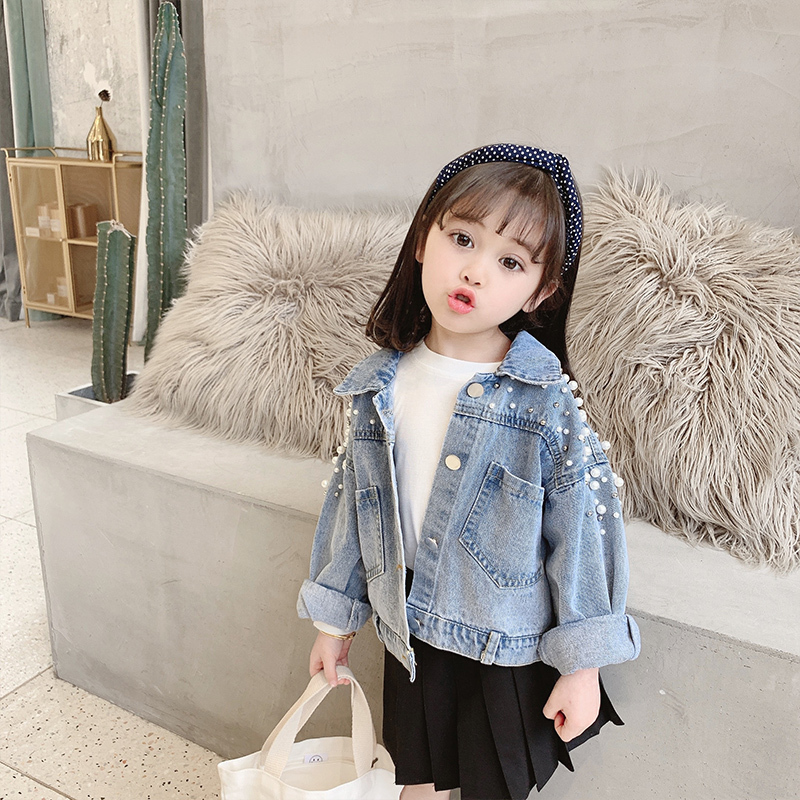 Autumn Toddler Girls Denim Jackets Korean Kids Clothes Fashion Long Sleeve Jeans Cardigan Coat with Pearls Baby Girls Jeans Coat 201106
