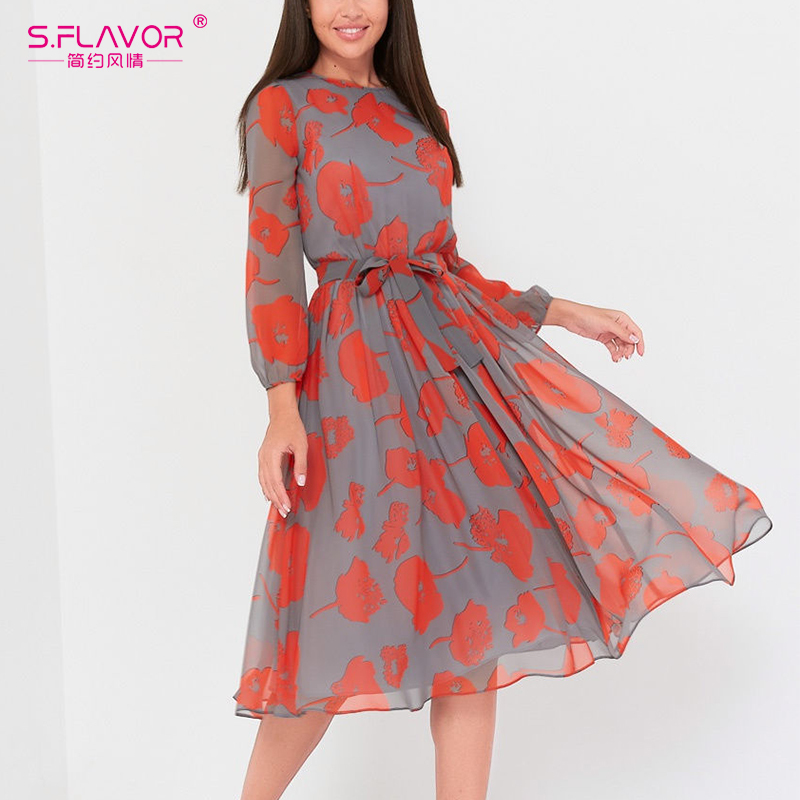 S.FLAVOR Women Printing Casual A-line Dress Elegant Full Sleeve Chiffon Boho Vestidos De Autumn Winter Fashion Midi Dresses 201029