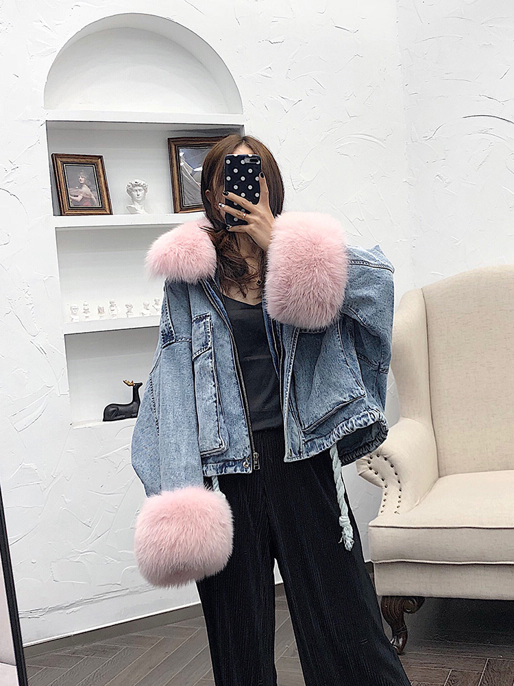 Denim Parka Women Winter Jacket Real Fox Fur Collar Cuffs Rabbit Lining Warm Loose Outerwear Streetwear Removable 201027