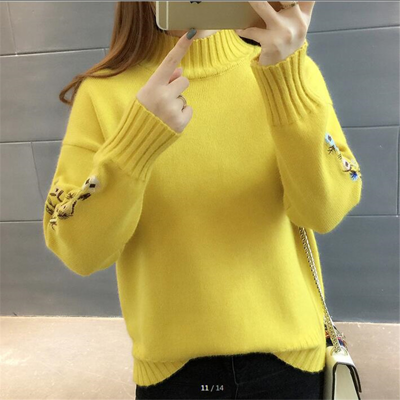 High quality women fashion Turtleneck sweater women top woman long sleeve warm sweaters Embroidered Knitted pullover B3965 200924