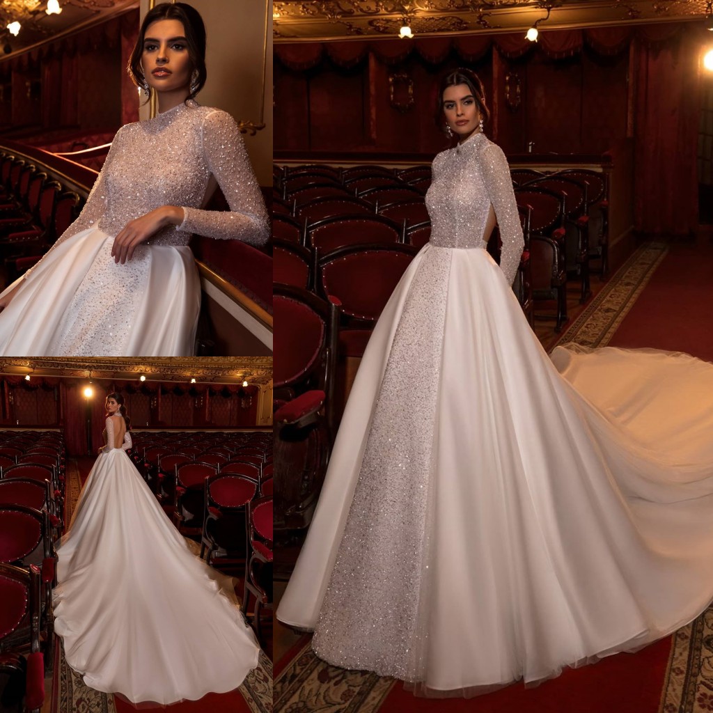Sequined Backless Sparkly Wedding Dresses High Neck A Line Long Sleeves Bridal Gowns Sweep Train Tulle Robe De Marie