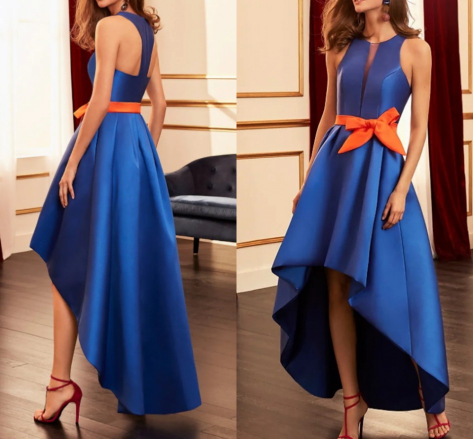Royal Blue Elegant Prom Evening Dress Scoop Sleeveless Asymmetrical Satin with Bow Formal Party Gown Robes De Soirée Vestidos Longo 2022