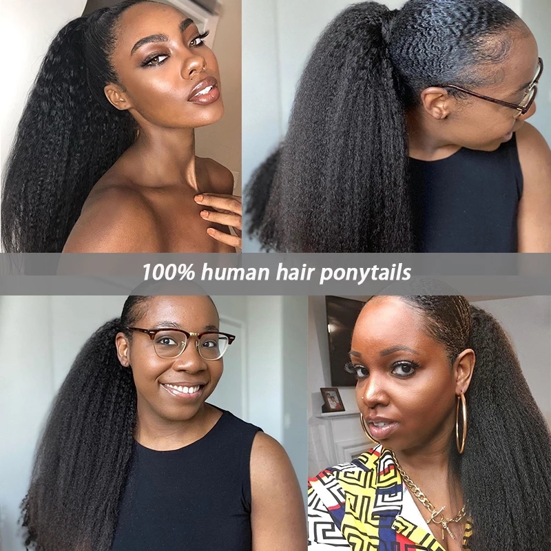 Kinky Straight Ponytail For Women Natural Coarse Yaki Remy Hair Clip In Pony tails two combs Blow Out Human Hair Extension