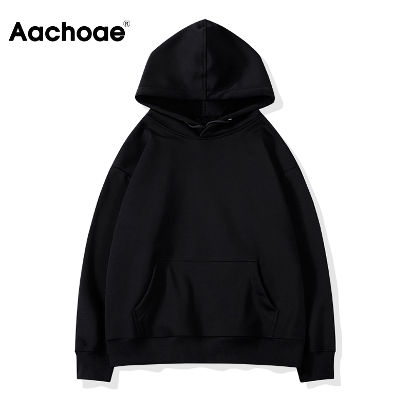 Aachoae Fleece Hooded Sweatshirt Women Autumn Winter Long Sleeve Casual Hoodies Solid Color Pocket Jacket Ladies Pullovers 201202