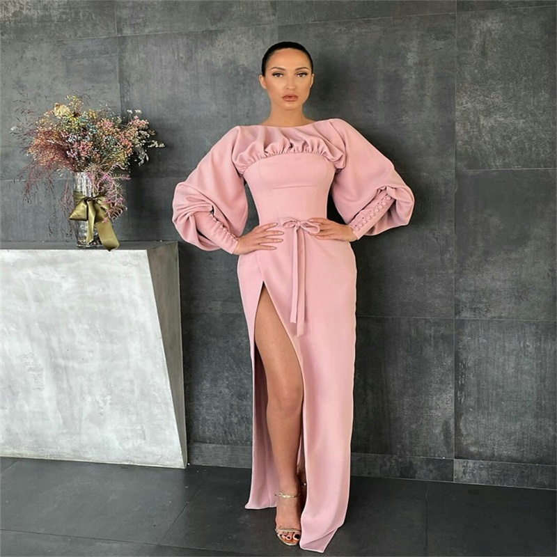 Side Split Prom Dresses Elegant Satin Button Long Sleeves Mermaid Evening Dress Ruched Formal Pageant Dress Custom Made Sweep Train