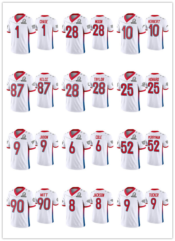 Patrick Mahomes Ja'Marr Chase Joe Mixon Justin Tucker T.J. Watt 87 Travis Kelce Lamar Jackson 2022 MEN WOMEN YOUTH AFC Pro Bowl White football Jersey, 17
Patrick Mahomes Ja'Marr Chase Joe Mixon Justin Tucker T.J. Watt 87 Travis Kelce Lamar Jackson 2022 MEN WOMEN YOUTH AFC Pro Bowl White football Jersey, 17