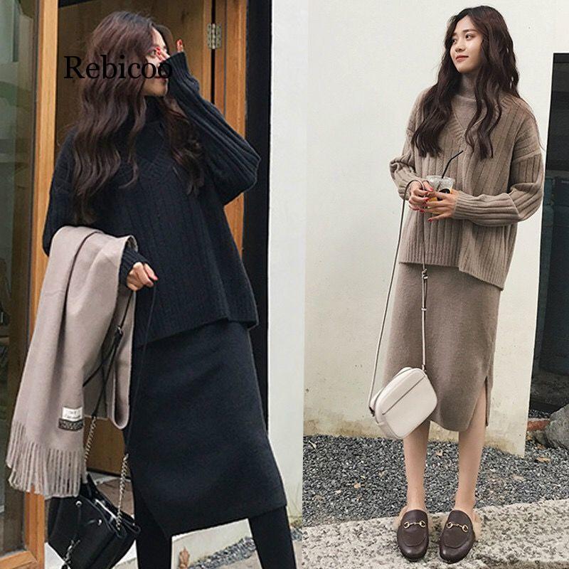 Plus Size 4XL Winter Women Set Long Sleeve V Neck Pullover And Sleeveless Long Split Sweater Dress Solid Warm Knitted Skirt Set 201008