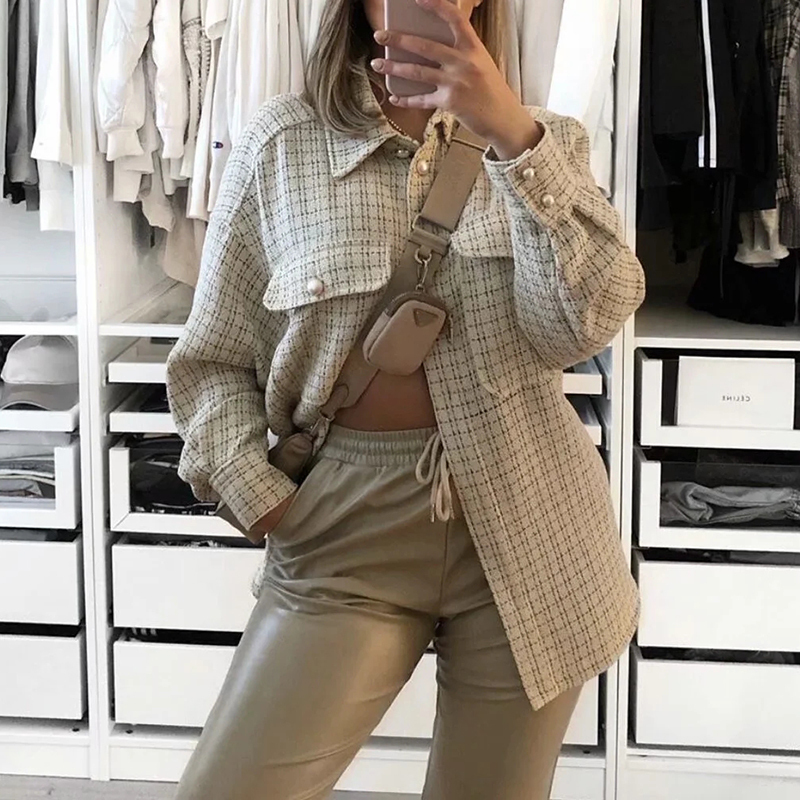 Tweed Women Pearl Button Shirts Autumn Fashion Ladies Oversize Thick Shirt Streetwear Female Outfits Cute Girls Chic Shirts 201201