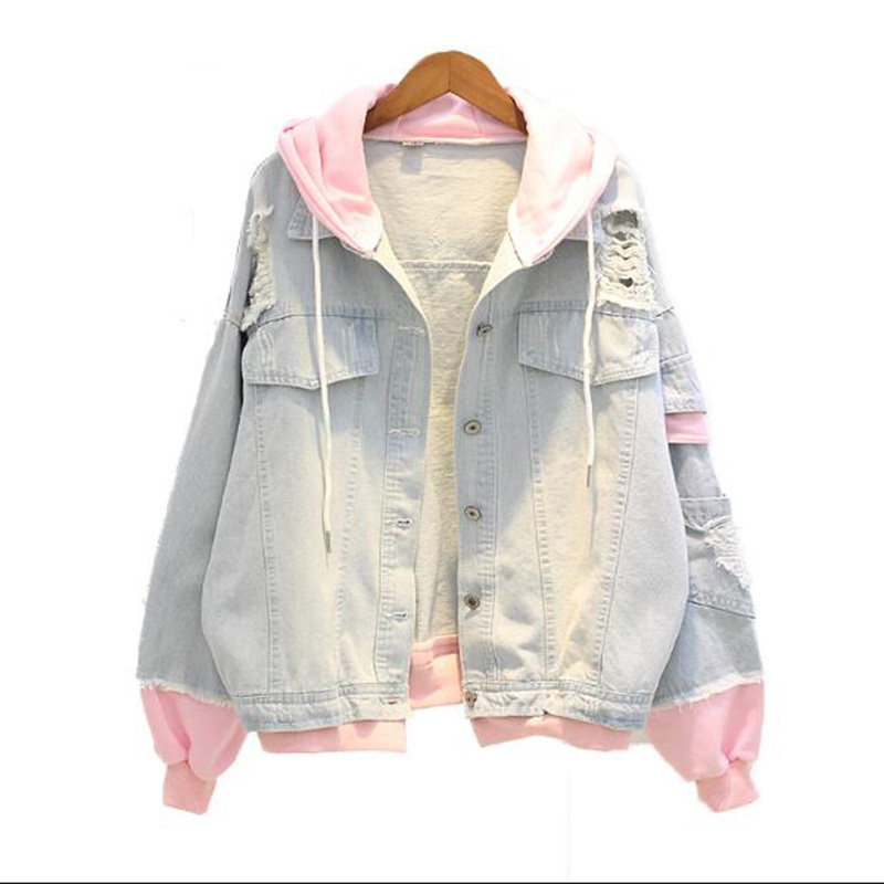 Spring Hooded Denim Jacket For Women Casual BF Jeans Jacket Holes Vintage Harajuku Coat Female loose Streetwear Basic Coats 201023