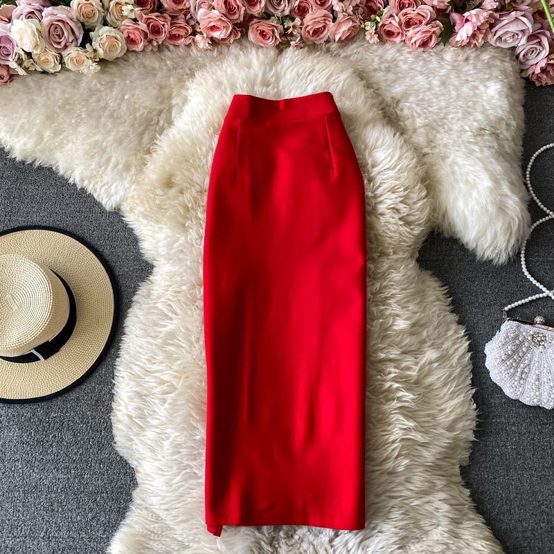 Office Lady Red Black Pencil Skirt Women Elegant High Waist Split Faldas Female Casual Slim Bodycon Saias OL Autumn New Fashion 2024