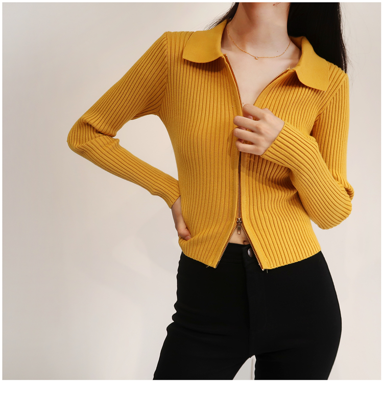 Women Dual Zipper Ribbed Sweater Shirt Cropped Knit Cardigans 201223