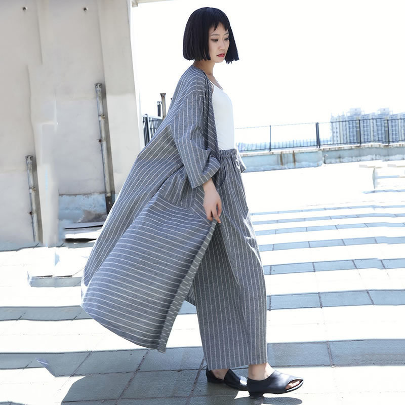 XITAO Striped Plus Size Long Trench Linen Cardigans Irregular Elegant Pocket 2019 Autumn Casual Goddess Fan Coat GCC1097 T200810