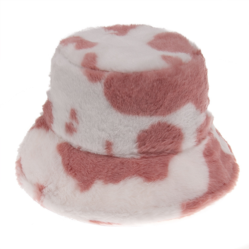 Winter Warm Bucket Hat Fluffy Plush Thick Fisherman Caps Fashion Cow Print Soft Autumn Sun Hat Female Basin Chapeau
