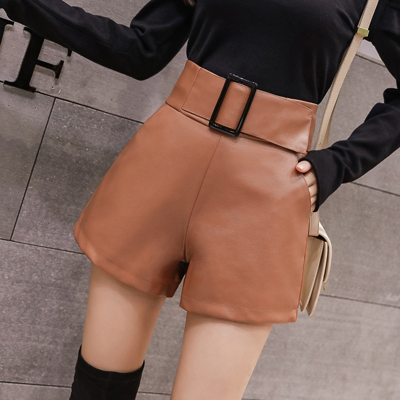 Korean PU Faux Leather Shorts Women Autumn High Waist Wide Leg Short Ladies Plus Size Sexy Black Belted Short Femme 7774 50 T200113