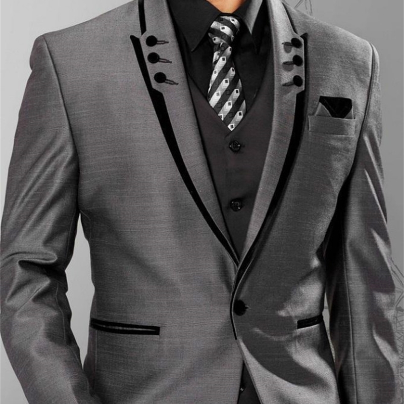 Men Suits Slim Fit Peaked Lapel Grey Groom Tuxedos Mens Wedding Suits 2021 Groomsmen Suits One Button Mens (Jacket+Pants+Vest) 201105