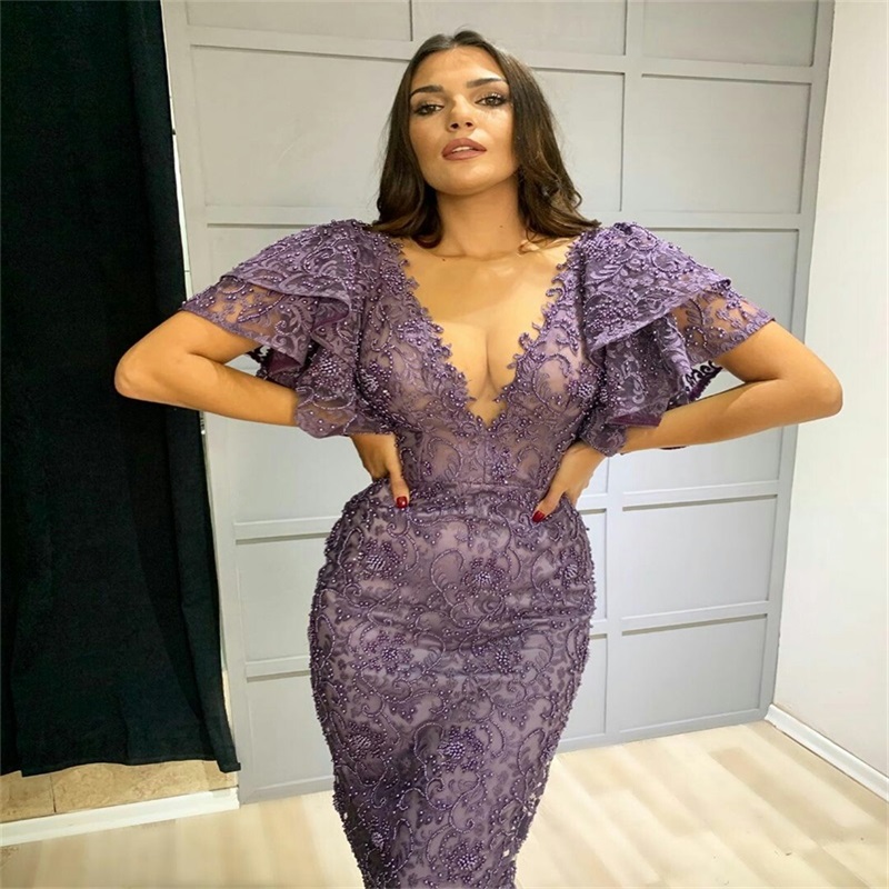 Real Image Evening Dresses Beads Appliqued Mermaid Prom Dresses Gorgeous Custom Made Formal Party Pageant Gown Sexy V Neck Sweep Train