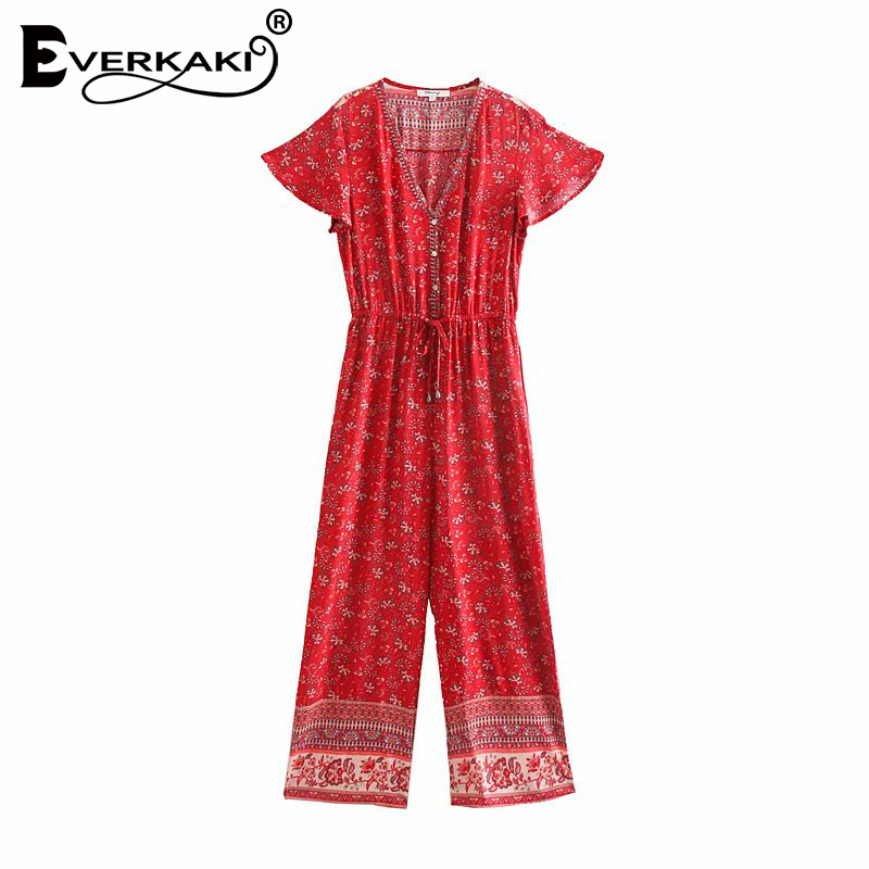 Everkaki Boho Floral Print Rompers Jumpsuits Women Spring Adjustable Sashes Buttons Ladies Jumpsuits Rompers Female Summer T200509