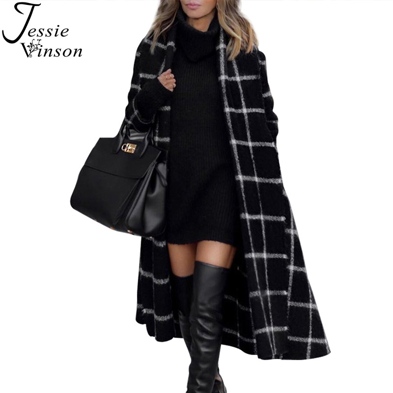Jessie Vinson Vintage Black Hooded Plaid Long Trench Coat Women Chic High Street Belted Windbreak Trench Lady Wool Coat Winter 201016