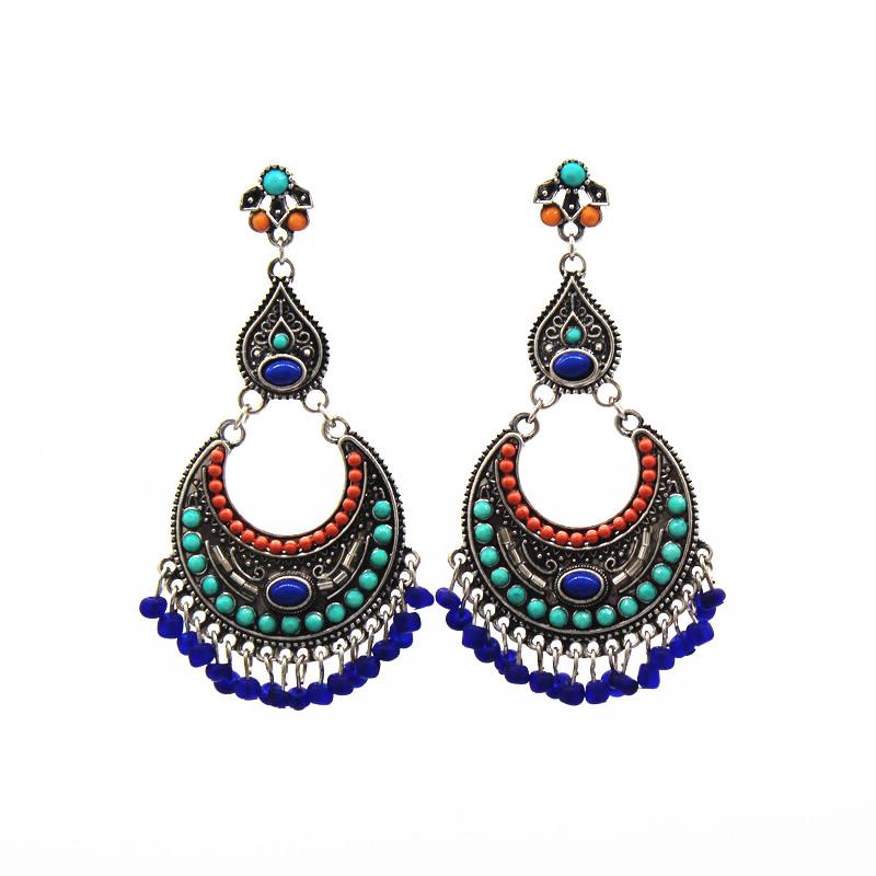 Antique Silver Color Boho Multi Color Beads Gypsy Tribal Drop Earrings for Women Vintage Beads Tassel Earring Jewelry