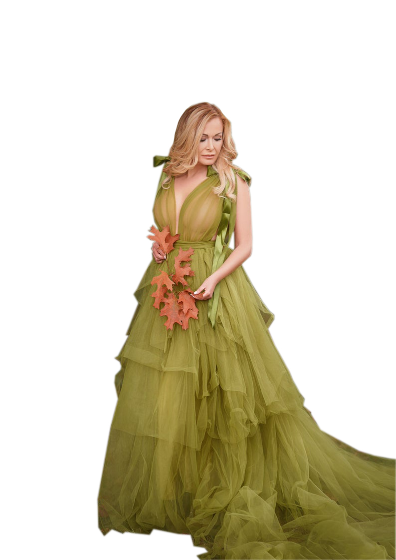 Hunter Green Ruffles Women Winter Luxury Kimono Pregnant Party Sleepwear V Neck Cheap Maternity Photoshoot Dress For baby Shower