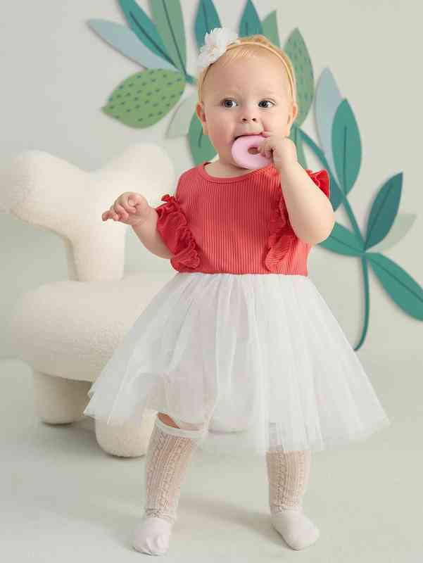 Baby Frill Trim Cold Shoulder Color Block Mesh Overlay Dress SHE