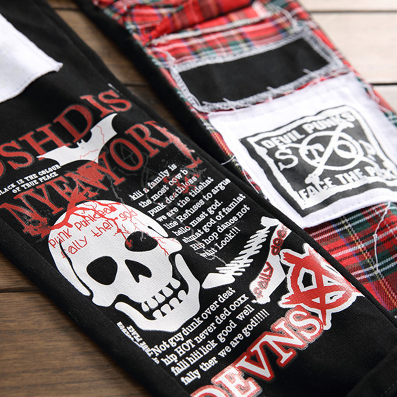 Aolamegs Jeans Men Red Scottish Plaid Print College Style Denim Zipper Decorations Cool Patch Casual Cargo jeans Streetwear men 201111