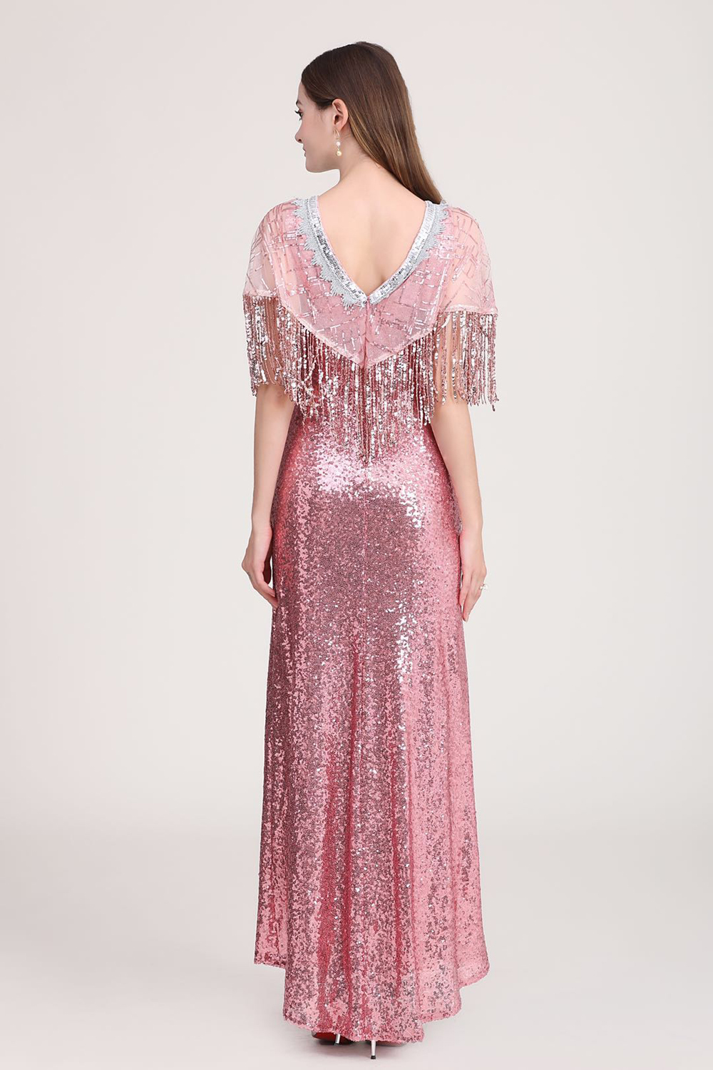 Women's Party Dress Low V Back Cape Detailing Tassels Shinning Split Elegant Long Prom Dresses