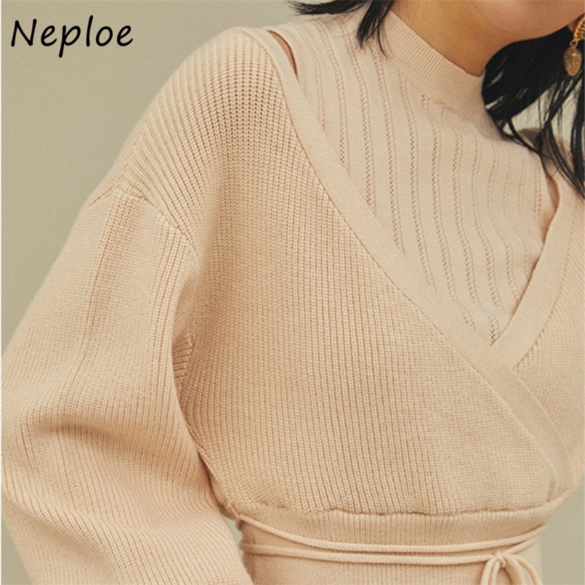 Neploe Turtleneck Drawstring Puff Sleeve Knitted Sweaters Sweet Loose Shoulder Strapless Women Tops Autumn Winter New Pullovers 201224