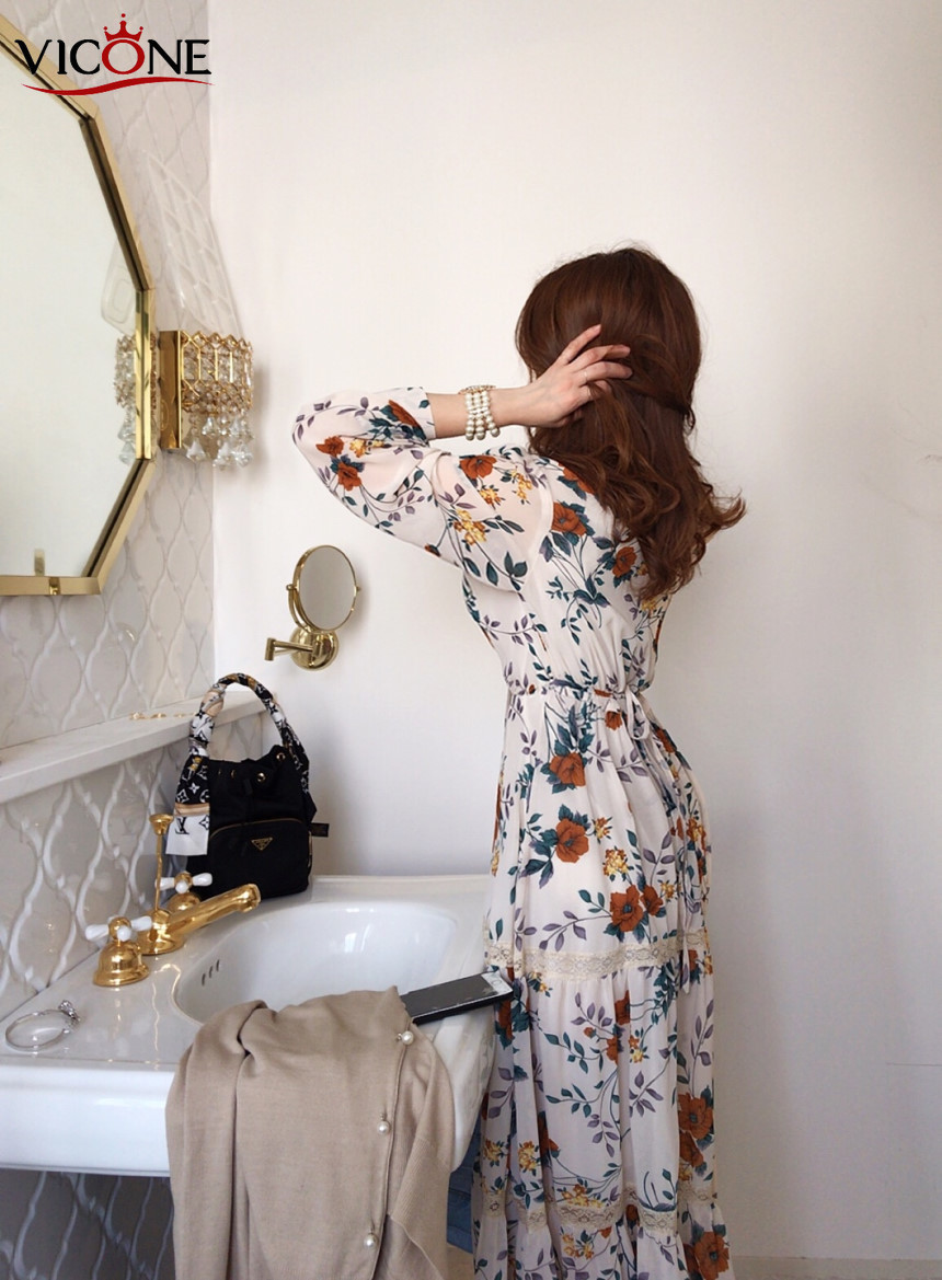VICONE Chic Retro Women Summer Dress Casual Long Sleeve Boho Floral Print Dress Bandage Elegant Dresses T200619