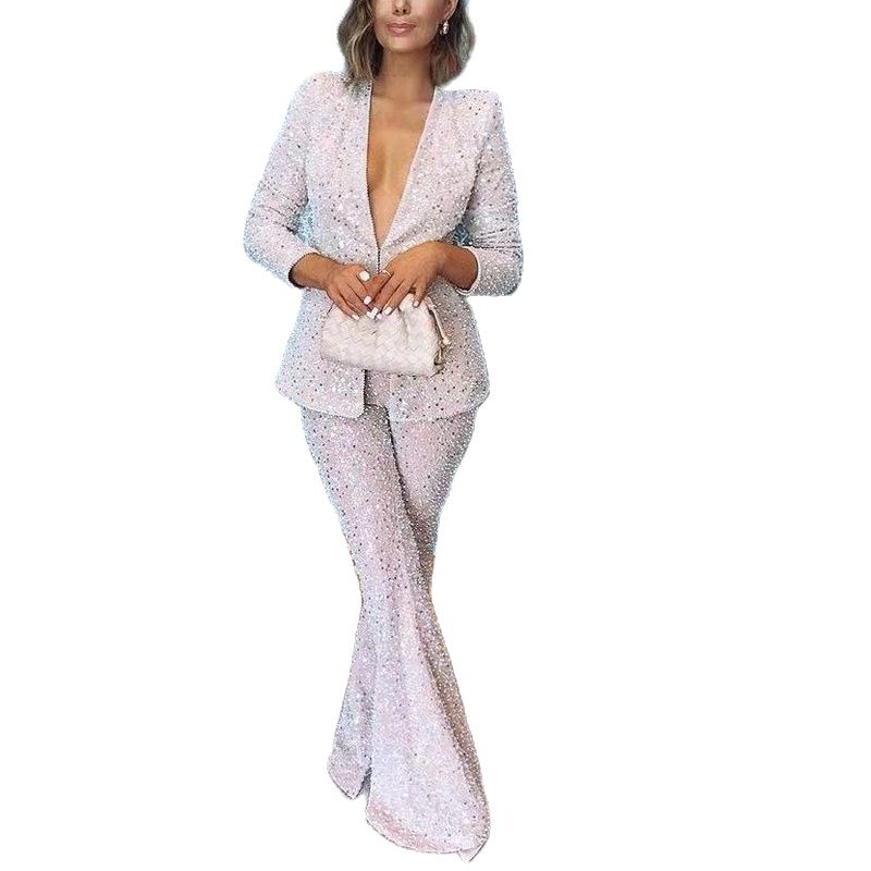 Two Pieces Outfit Sequins Beads Women Prom Pants Suits Long Sleeve Blazer Wide Led Sets Lady Special Occasion Wear