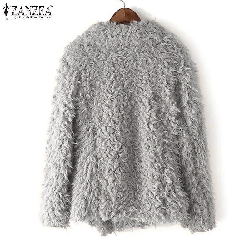 Women's Fluffy Fur Coats Winter Outerwears 2019 ZANZEA Casual Lapel Single Button Jackets Autumn Female Long Sleeve Windbreakers T200111