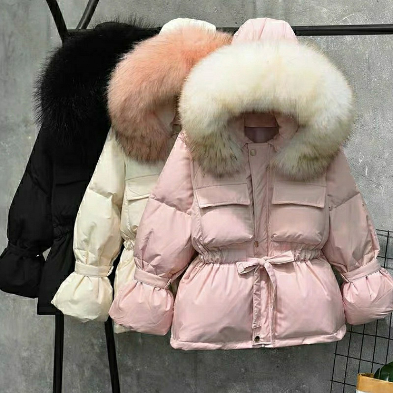 Large Real Raccoon Fur Winter Jacket Women 90% White Duck Down Coat Thick Warm Hooded Down Parkas Puffer Jacket Female Snow Coat 201023