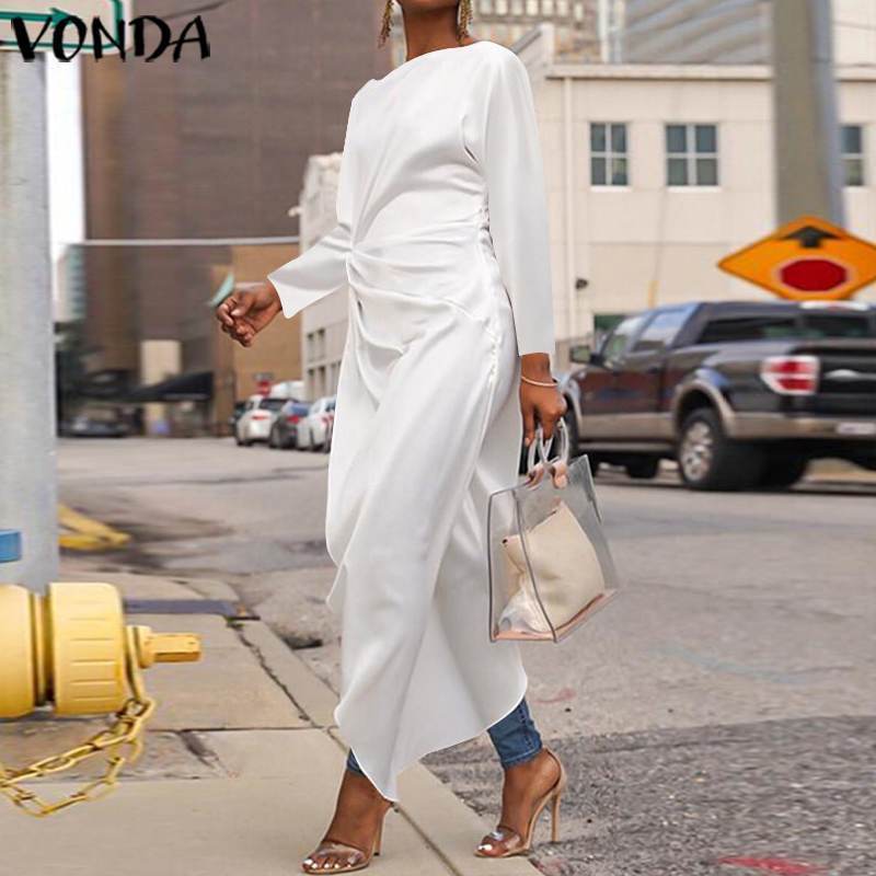 VONDA Asymmetrical Tops Women Long Sleeve Sexy Split Hem Blouse 2019 Autumn Long Shirts Cocktail Party Tops Plus Size Vestidos T200321
