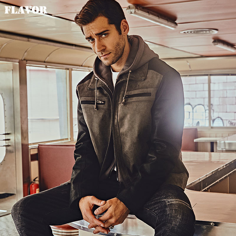 FLAVOR Men's Genuine Leather Jacket with Detachable Hood Men Real Leather Motorcycle Coat 201128