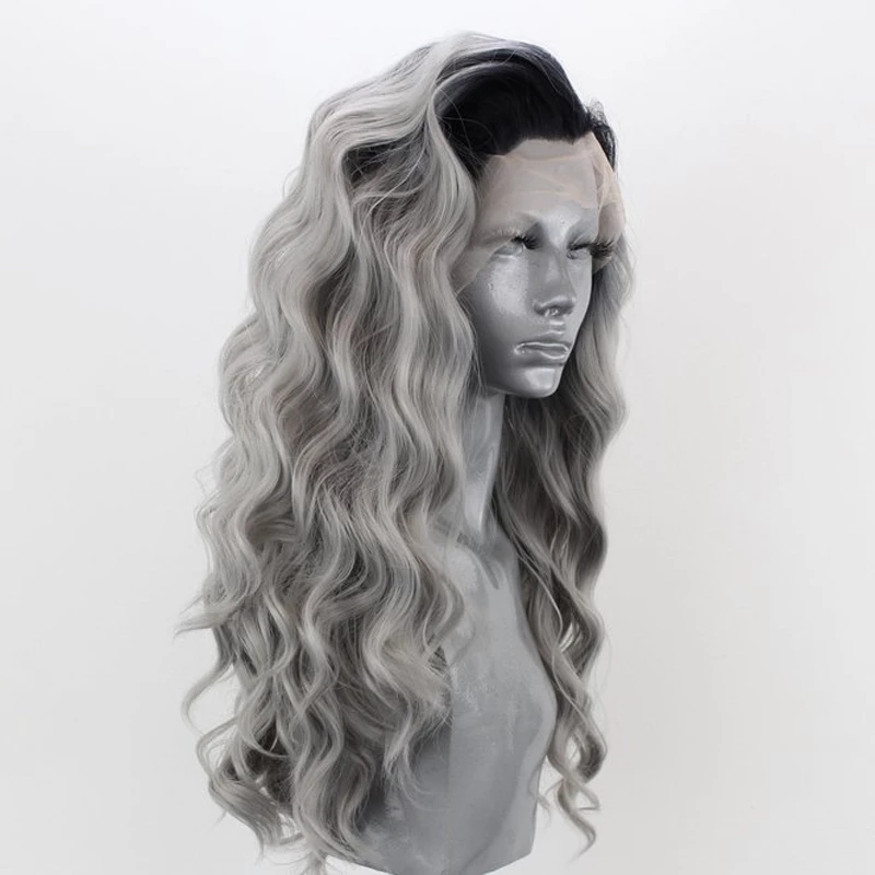 Ombre Gray Color Heat Resistant Fiber Hair Synthetic Lace Front Wig Long Wavy Two Tone Grey Cosplay Wigs for Women