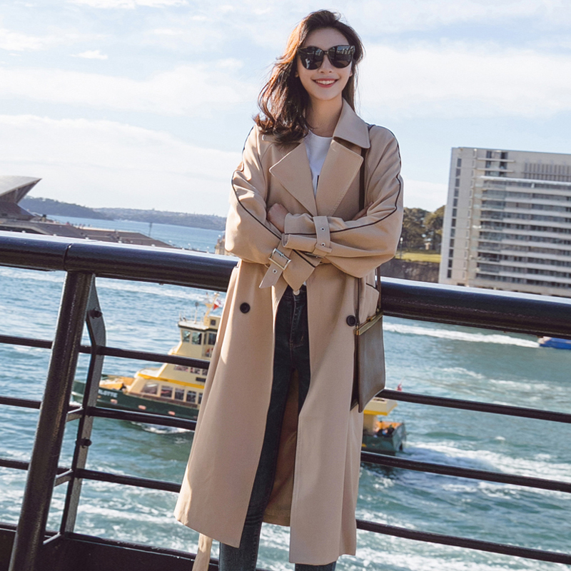 2020 autumn trend women's windbreaker Elegant Waist Belt Loose Khaki black blue Spring Long Trench coat for women outwear FY47 T200828