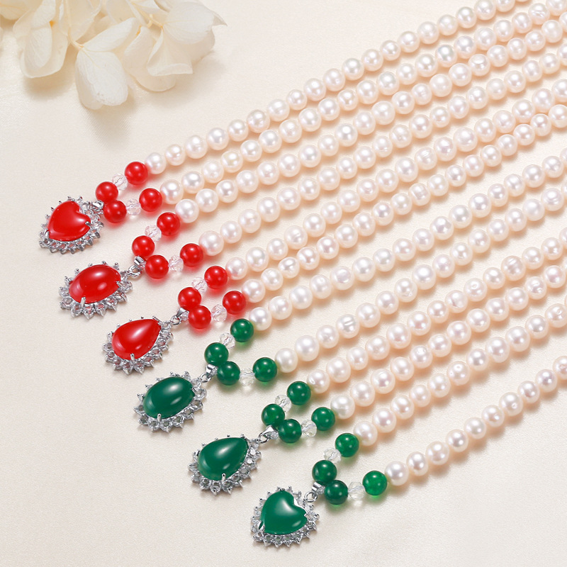 Classic Design 8MM White Fresh Water Pearl Necklace Heart Gemstone Jewelry for Women Gift