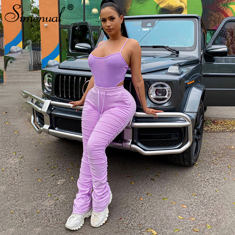Simenual Ruched High Waist Women Stacked Pants Casual Solid Bodycon Fashion Long Trousers Workout Streetwear 2020 Summer Pants T200607
