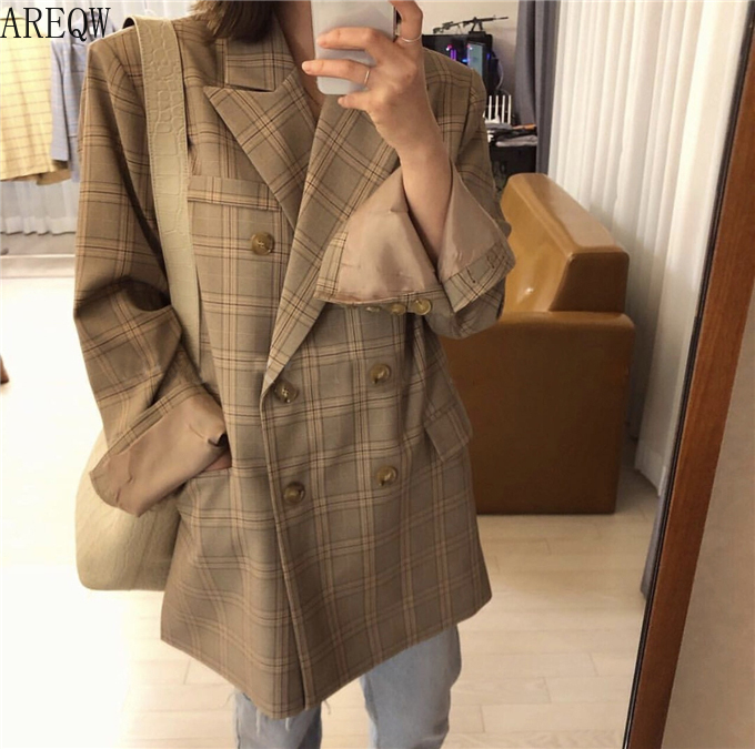 Retro Blue Large Checked Double-breasted Loose OVERSIZE Casual Suit Jacket Women Blazers 201114