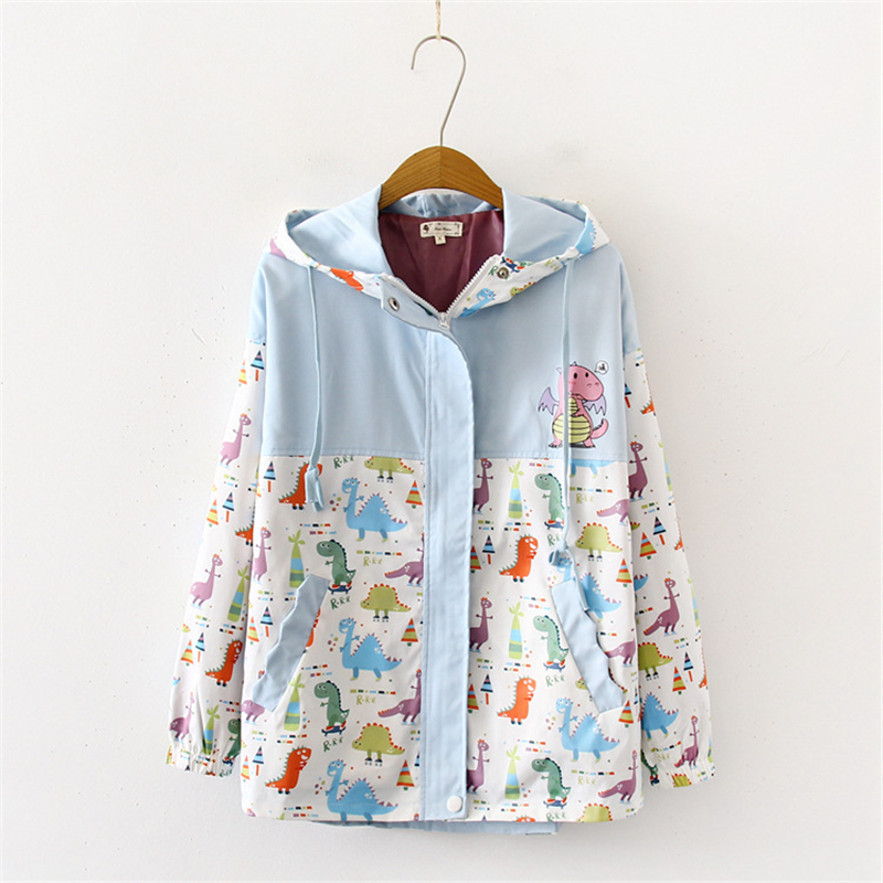 Merry Pretty Women Cartoon Dinosaur Funny Jackets Winter Long Sleeve Hooded Patchwork Pockets Basic Jackets Outerwear Coats 201030