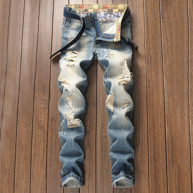 Mens ripped jeans European and American style new youth retro old light-colored frayed pants straight trousers, Blue
Mens ripped jeans European and American style new youth retro old light-colored frayed pants straight trousers, Blue