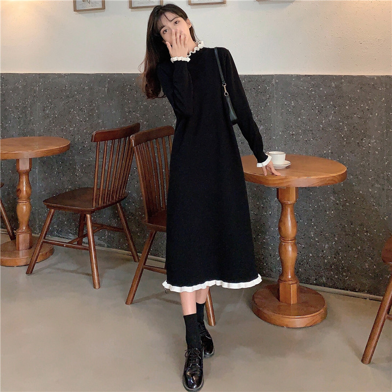 Sweet Ruffled Collar Lace Dress Women Fashion Contrast Color Flare Sleeve Acrylic Knitted Dress Autumn Winter Midi Sweater Dress 201126