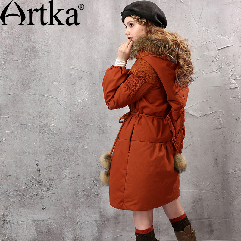 Women's Winter Parkas Raccoon Fur Hooded Winter Jacket For Women Lantern Sleeve Thick Warm Long Coat With Belt MA10152D 201017