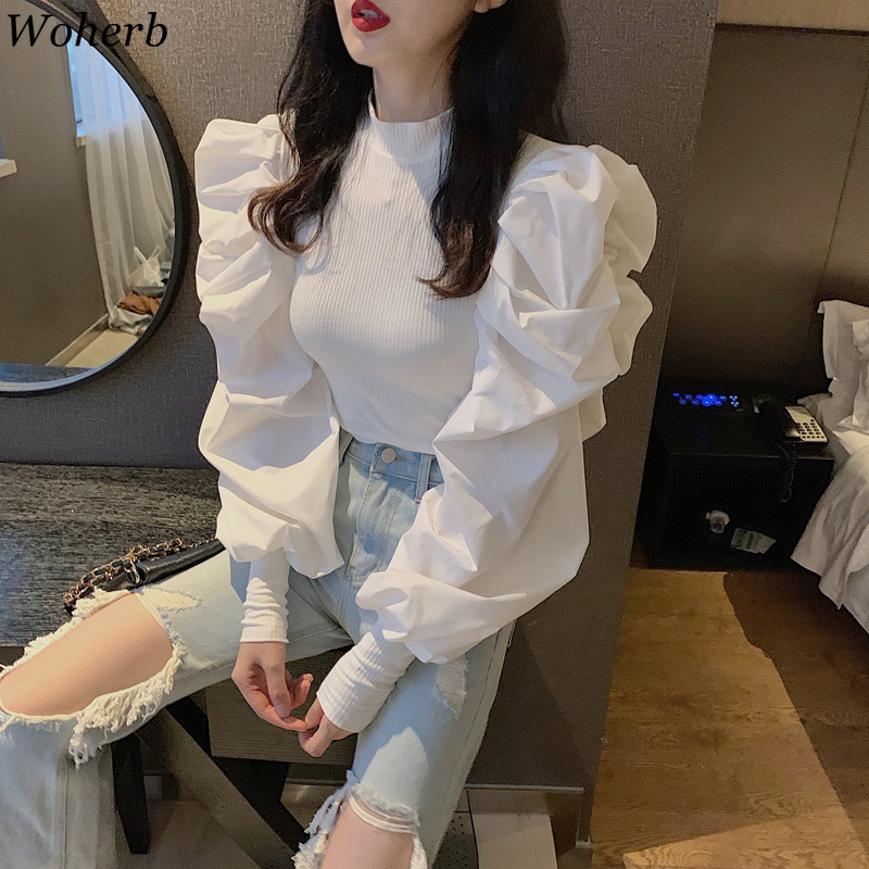 Woherb Korean Fashion Black Pullovers Half Turtleneck Long Puff Sleeve Jumpers Solid Patchwork Slim Sweater Women Autumn New 201223