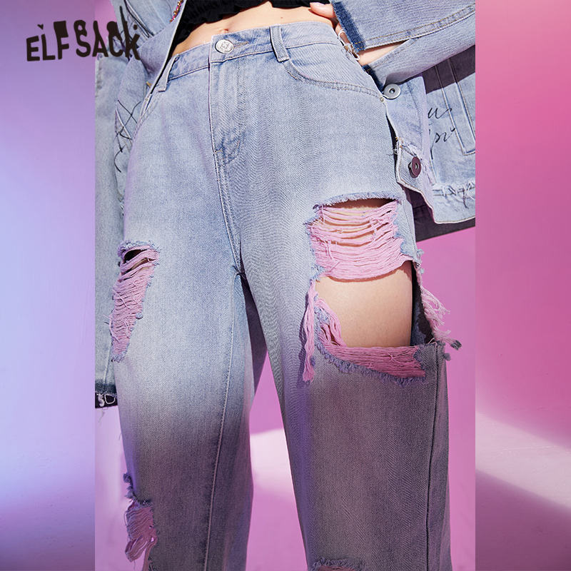 ELFSACK Blue Solid Ripped Hole Washed Straight Casual Denim Jeans Woman Autumn ELF High Waist Korean Ladies Daily Trousers 201029