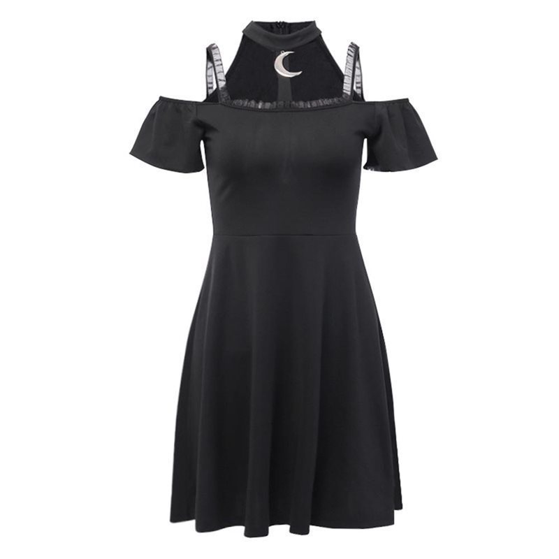 Summer Gothic Chic Elegant Harajuku Black Women Mini Dresses Sexy Club Punk Mesh Moon Lace Strapless Female Goth Zipper Dress T200319