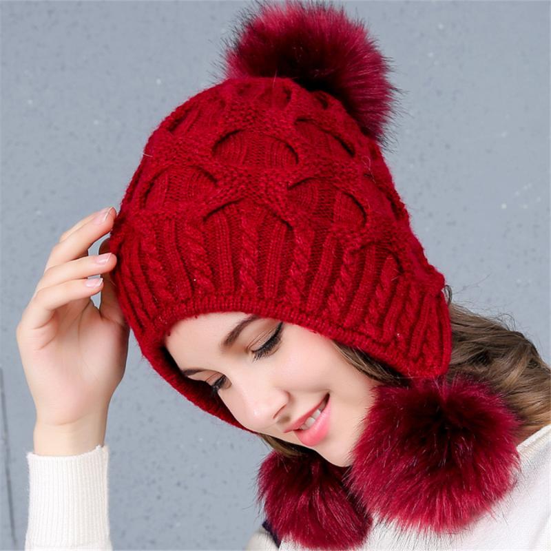 Beanie/Skull Caps Women Hats Autumn Winter Wool Beanies Hat Three Hair Ball Back Open Knit Double Thick Fur Bonnet Beanie Cap