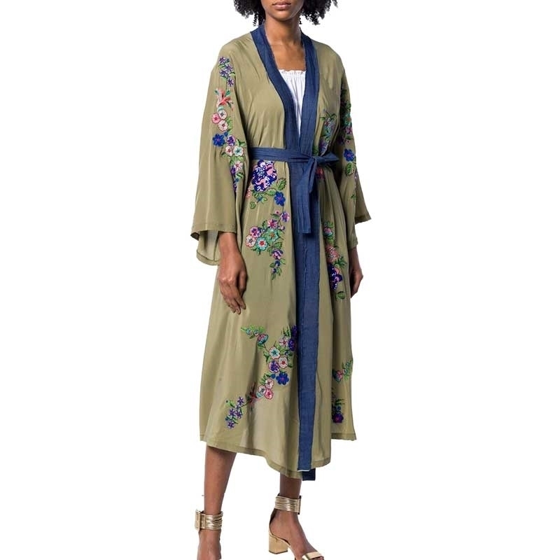 Embroidered Kimono Kaftan Open Front Tie Waist Trench Women Beach Top Contrast Binding Summer Long Trench Coats Outwear 201102